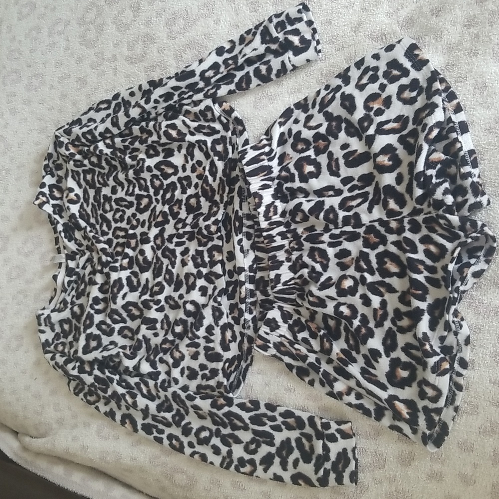 Leopard Print Top and Bottoms shorts and long sleeve top. Fuzzy. Warm PJs